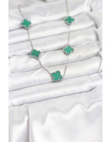 316L Çelik Zincir Gümüş Renk Yeşil Yonca Kadın Kolye