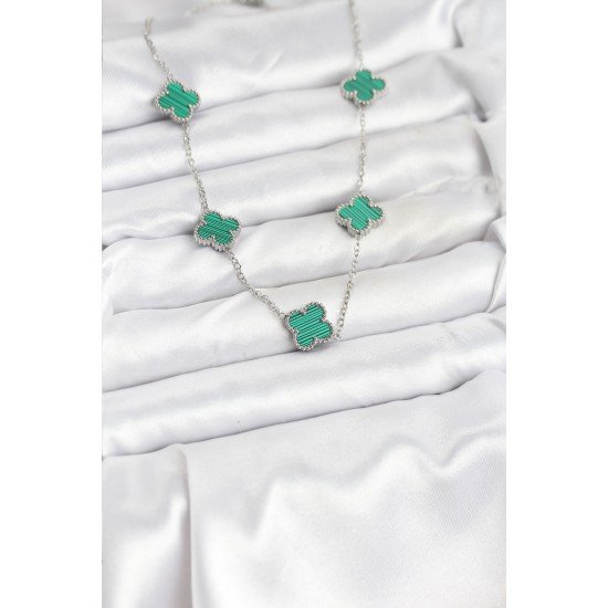 316L Çelik Zincir Gümüş Renk Yeşil Yonca Kadın Kolye