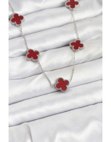 316L Çelik Zincir Gümüş Renk Bordo Renk Yonca Kadın Kolye