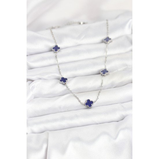 316L Çelik Zincir Gümüş Renk Lacivert Baby Boy Yonca Kadın Kolye