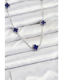 316L Çelik Zincir Gümüş Renk Lacivert Baby Boy Yonca Kadın Kolye