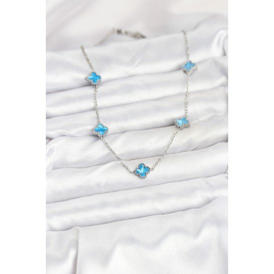 316L Çelik Zincir Gümüş Renk Buz Mavisi Baby Boy Yonca Kadın Kolye