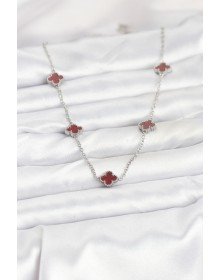 316L Çelik Zincir Gümüş Renk Bordo Baby Boy Yonca Kadın Kolye