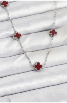 316L Çelik Zincir Gümüş Renk Bordo Baby Boy Yonca Kadın Kolye