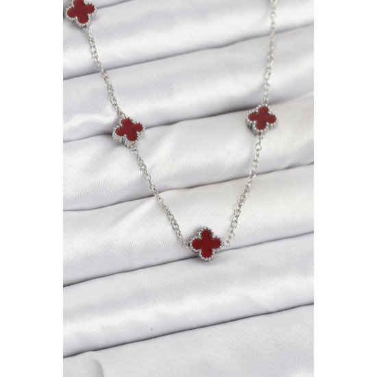 316L Çelik Zincir Gümüş Renk Bordo Baby Boy Yonca Kadın Kolye