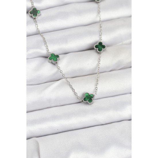 316L Çelik Zincir Gümüş Renk Yeşil Baby Boy Yonca Kadın Kolye