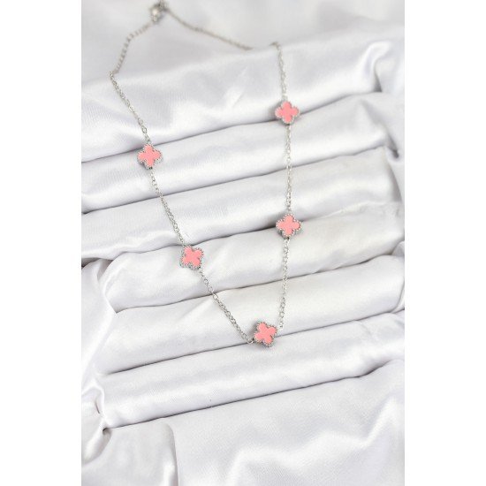 316L Çelik Zincir Gümüş Renk Pembe Baby Boy Yonca Kadın Kolye