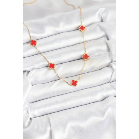 316L Çelik Zincir Gold Renk Kırmızı Baby Boy Yonca Kadın Kolye