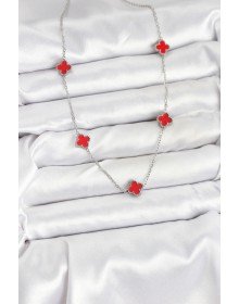 316L Çelik Zincir Gümüş Renk Kırmızı Baby Boy Yonca Kadın Kolye