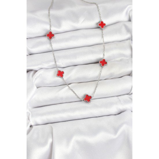 316L Çelik Zincir Gümüş Renk Kırmızı Baby Boy Yonca Kadın Kolye