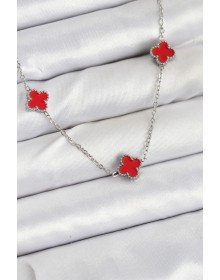 316L Çelik Zincir Gümüş Renk Kırmızı Baby Boy Yonca Kadın Kolye