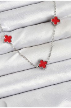 316L Çelik Zincir Gümüş Renk Kırmızı Baby Boy Yonca Kadın Kolye
