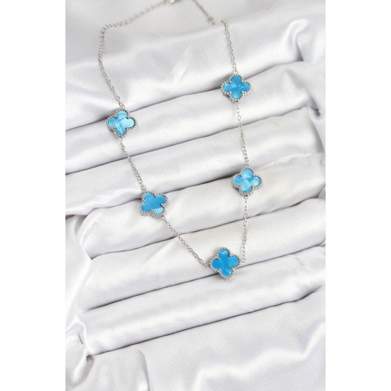 316L Çelik Zincir Gümüş Buz Mavisi Renk Yonca Kadın Kolye
