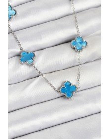 316L Çelik Zincir Gümüş Buz Mavisi Renk Yonca Kadın Kolye