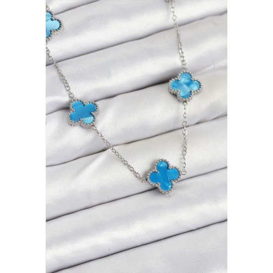 316L Çelik Zincir Gümüş Buz Mavisi Renk Yonca Kadın Kolye