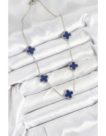 316L Çelik Zincir Gümüş Lacivert Renk Yonca Kadın Kolye