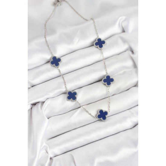 316L Çelik Zincir Gümüş Lacivert Renk Yonca Kadın Kolye