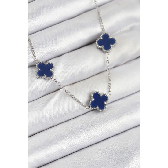 316L Çelik Zincir Gümüş Lacivert Renk Yonca Kadın Kolye
