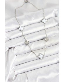 316L Çelik Zincir Gümüş Renk Beyaz ve Zirkon Taşlı Yonca Kadın Kolye