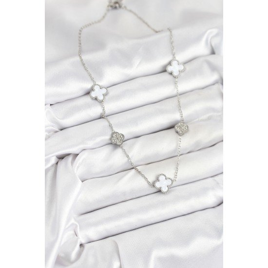 316L Çelik Zincir Gümüş Renk Beyaz ve Zirkon Taşlı Yonca Kadın Kolye