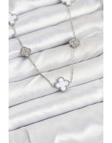 316L Çelik Zincir Gümüş Renk Beyaz ve Zirkon Taşlı Yonca Kadın Kolye