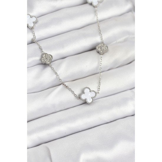 316L Çelik Zincir Gümüş Renk Beyaz ve Zirkon Taşlı Yonca Kadın Kolye
