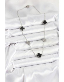 316L Çelik Zincir Gümüş Renk Siyah ve Zirkon Taşlı Yonca Kadın Kolye