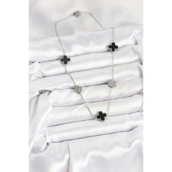 316L Çelik Zincir Gümüş Renk Siyah ve Zirkon Taşlı Yonca Kadın Kolye 316L Çelik Zincir Gümüş Renk Siyah ve Zirkon Taşlı Yonca Kadın Kolye