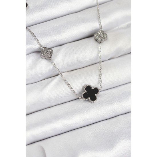 316L Çelik Zincir Gümüş Renk Siyah ve Zirkon Taşlı Yonca Kadın Kolye 316L Çelik Zincir Gümüş Renk Siyah ve Zirkon Taşlı Yonca Kadın Kolye