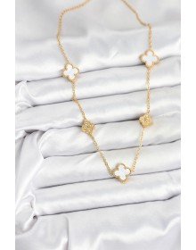 316L Çelik Zincir Gold Renk Beyaz ve Zirkon Taşlı Yonca Kadın Kolye