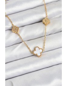 316L Çelik Zincir Gold Renk Beyaz ve Zirkon Taşlı Yonca Kadın Kolye