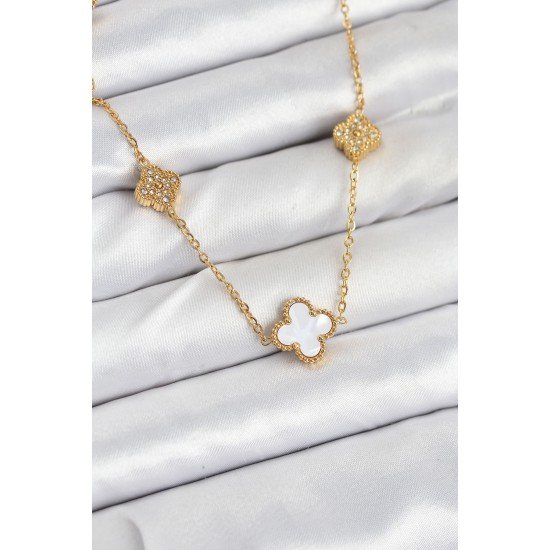 316L Çelik Zincir Gold Renk Beyaz ve Zirkon Taşlı Yonca Kadın Kolye 316L Çelik Zincir Gold Renk Beyaz ve Zirkon Taşlı Yonca Kadın Kolye