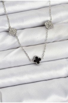 316L Çelik Zincir Gümüş Renk Siyah ve Zirkon Taşlı Baby Boy Yonca Kadın Kolye