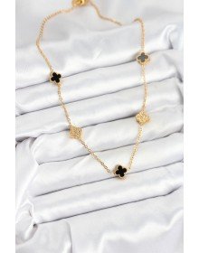 316L Çelik Zincir Gold Renk Siyah ve Zirkon Taşlı Baby Boy Yonca Kadın Kolye