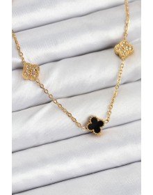316L Çelik Zincir Gold Renk Siyah ve Zirkon Taşlı Baby Boy Yonca Kadın Kolye