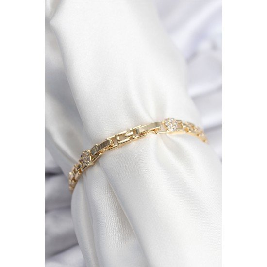 Pirinç VIP Seri Gold Renk Zincir Model Kalpli Zirkon Taşlı Kadın Bileklik