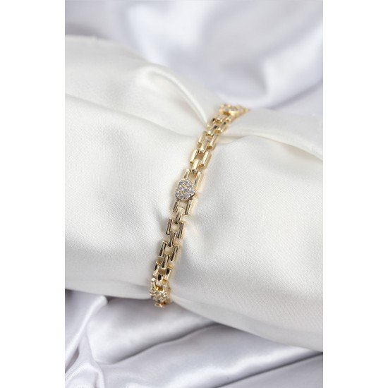 Pirinç VIP Seri Gold Renk Zincir Model Kalpli Zirkon Taşlı Kadın Bileklik