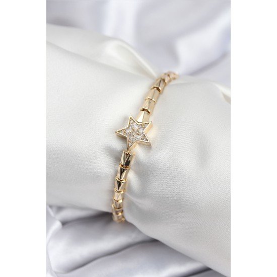Pirinç VIP Seri Gold Renk Zirkon Taşlı Yıldız Model Kadın Bileklik Pirinç VIP Seri Gold Renk Zirkon Taşlı Yıldız Model Kadın Bileklik