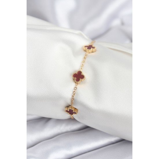 316L Çelik Gold Renk Bordo Baby Boy Yonca Kadın Bileklik