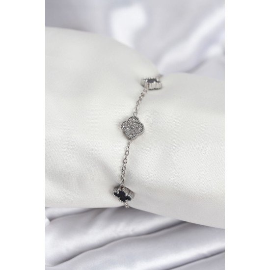 316L Çelik Gümüş Renk Siyah ve Zirkon Taşlı Baby Boy Yonca Kadın Bileklik