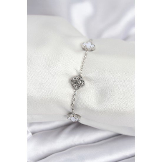 316L Çelik Gümüş Renk Beyaz ve Zirkon Taşlı Baby Boy Yonca Kadın Bileklik 316L Çelik Gümüş Renk Beyaz ve Zirkon Taşlı Baby Boy Yonca Kadın Bileklik