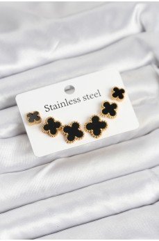 316L Çelik Gold Siyah Renk 3 Boy Yonca Küpe Seti