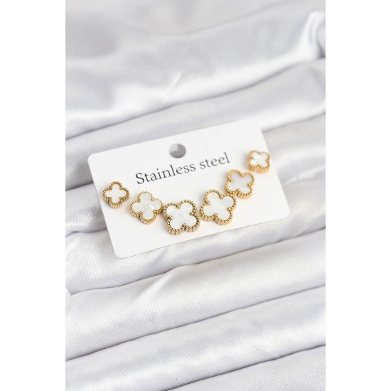 316L Çelik Gold Beyaz Renk 3 Boy Yonca Küpe Seti