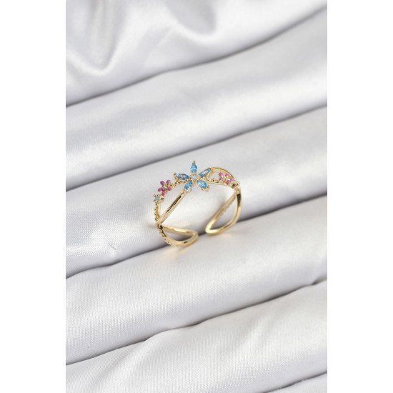 Pirinç Gold Renk Zirkon Taşlı Mavi Çiçekli Kadın Yüzük