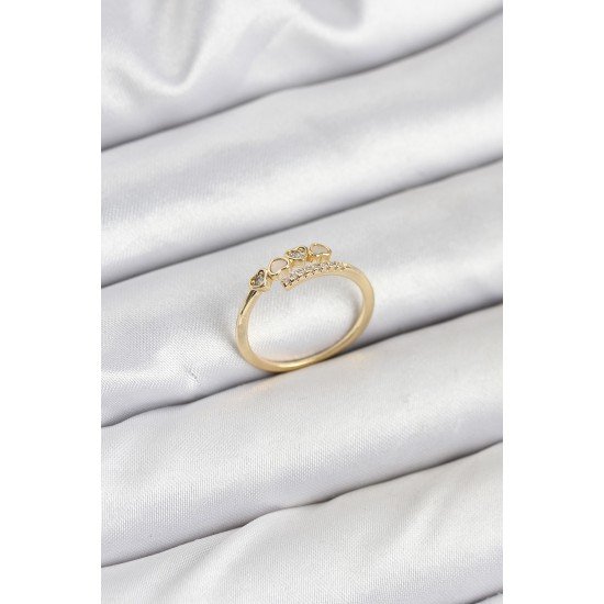 Pirinç Gold Renk Kalpli Detaylı Zirkon Taşlı Kadın Yüzük