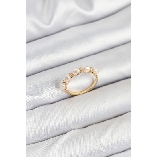 Pirinç Gold Renk Sıralı İncili Kadın Yüzük Pirinç Gold Renk Sıralı İncili Kadın Yüzük