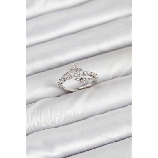 Pirinç Gümüş Renk Zirkon Taşlı Kelebek Model Kadın Yüzük