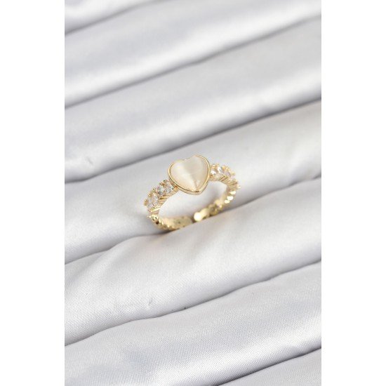 Pirinç Gold Renk Zirkon Taşlı Kalpli Kadın Yüzük