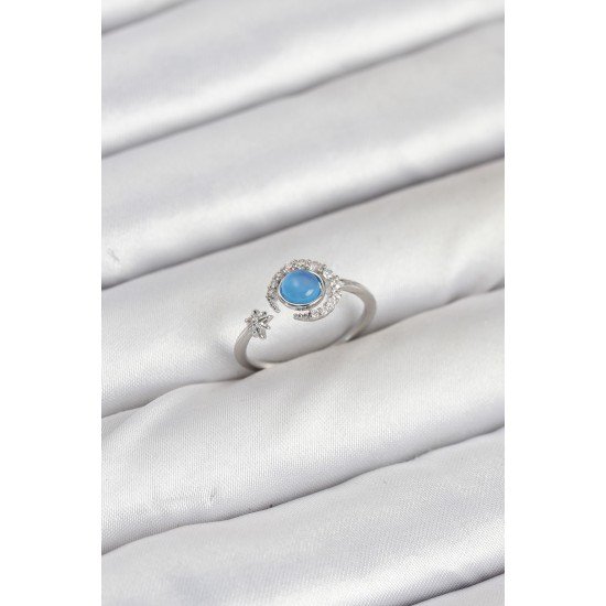 Pirinç Gümüş Renk Zirkon Taşlı Ay Yıldız Kadın Yüzük