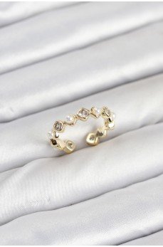 Pirinç Gold Renk Zirkon Taşlı İncili Kadın Yüzük